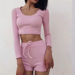 Women sets Autumn Women's Solid Color Hooded Long Sleeve T-shirt Tether Elastic Shorts set Female 2 piece outfits for women 210508