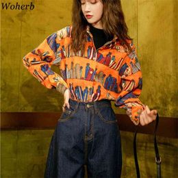 Vintage Printing Corduroy Long Sleeve Blouse Spring Harajuku Korean Chic Shirt Office Lady Tops Mujer 210519