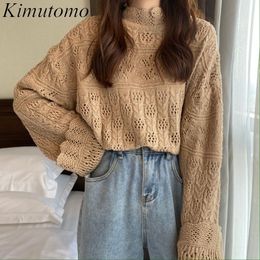Kimutomo Gentle Japan Style Hollow Out Sweater Girls Mock Neck Long Sleeve Solid Short Pullover Spring Outwear Loose 210521