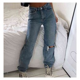 Denim Ripped Jeans For Women Cargo Pants Mom Jean High Waist Fashion Holes Thin 's Baggy Long trousers 211129