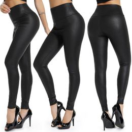 QNPQYX New Women Stretch Faux Leather Leggings Femme Black PU Leather Nine pants Ladies Sexy High Waist Slim Push Up Legging