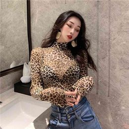 Spring Autumn Women's Top Retro Sexy Leopard Print Long-sleeved Slim and Versatile High-neck Female Bottoming s GX170 210507