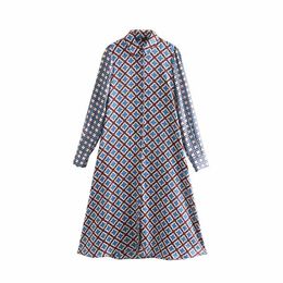 Women vintage patchwork printing casual slim midi Dress autumn ladies long sleeve chic vestidos buttons party Dresses