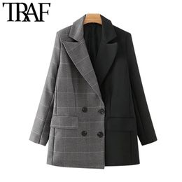 TRAF Women Fashion Double Breasted Patchwork Blazer Coat Vintage Long Sleeve Pockets Female Outerwear Chic Tops 211006