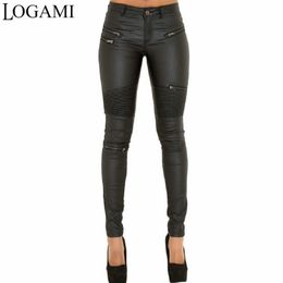 LOGAMI Faux Leather Pants Women Elastic Zipper Trousers Leren Broeken 211115