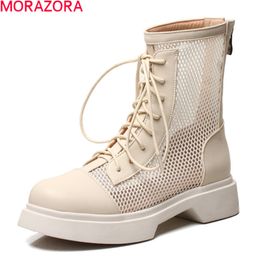 MORAZORA Big Size 33-43 Women Boots Fashion Lace Up Comfortable Casual Shoes Spring Summer Breathable Ankle Boots Beige White 210506