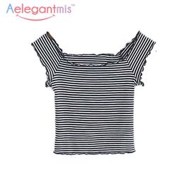 Aelegantmis Summer Striped Off Shoulder Top Women Stripes Short T-shirt Tees Ladies Slash Neck s Female Stretch Sexy 210607