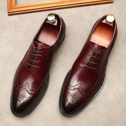 Italian Dress Shoes For Men Genuine Leather Fashion Wedding Brogue Pointed Toe Lace Up Business Shoes Formal Black Oxford Shoes
