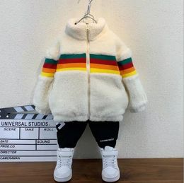 Rainbow Striped Fashion Fleece Jacket For Boys Flocking Coat Winter Children Clothes Kids Thermal Outfit Girl Windbreaker