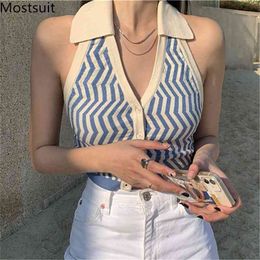 Blue Striped Knitted Camis Tanks Women Summer Sleeveless V-neck Single-breasted Crop Tops Sexy Backless Ladies T Shirt Tees 210513