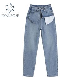 Vintage Straight High Waist Jeans Women Korean Style Autumn Casual Blue Washed Streetwear Boyfriend Denim Pants Trousers 210515