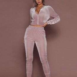 Women's Two Piece Pants Velvet Set Women Autumn 2021 Long Sleeve Crop Top Suit Casual Fashion Tracksuit Pink Black Apricot Fall Clothes