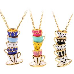 Boho Hand Made Tea Cup Necklace Pendant Woman Collier Sweater Chain Clothing Accessories Long Necklace Enamel Collane Jewellery G220310