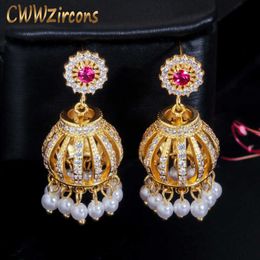 Vintage Royal Design Cubic Zirconia Indian Gold Dangling Tassel Drop Pearl Beaded Ethnic Earrings for Women CZ611 210714