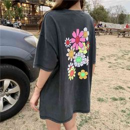 spring summer floral print loose grey short sleeve t shirts womens tops tee shirt femme (R4423) 210324