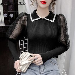 Kimutomo Casual Patchwork Sweater Women Spring Autumn Chic Clthes Ladies Turn-down Collar Solid Pullover Knitwear Fashion 210521
