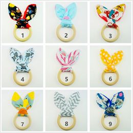 30 Colors Baby Teething Toy Wood ring Training Chewing Soothers Toys Rabbit ears stripe Dot print Teethers cartoon bunny Teether M3398
