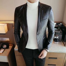 Faux Leather Blazer Suit Jacket Men Korean Casual Slim Fit Coat Fashion Business Streetwear Blazer Jackets Club DJ Stage Clothes 210527