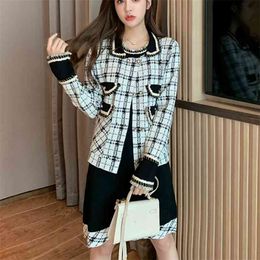 High Quality Plaid Knitted 2 Piece Set Women Sweater Cardigan & Dress Suits Korean Vintage Two Outfits Clothing 210514