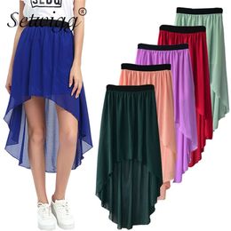 SETWIGG Summer Bohemian Style Dip Hem Long Chiffon Skirts Elastic Waist High Low Pleated Asymmetric 15 Color 210629