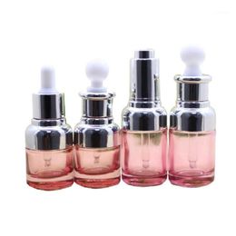 pink glass jars Canada - Storage Bottles & Jars 20ml 30ml Pink Glass Essential Oil Bottle Dropper Pipette Silver Lid White Top Comestic Packaging Refillable Containe