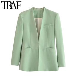 TRAF Women Fashion Office Wear Collarless Blazer Coat Vintage Long Sleeve Welt Pockets Female Outerwear Chic Veste 211006