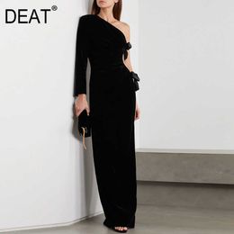 [DEAT] Spring Autumn Fashion Irregular Collar Floor-length Bow Long Sleeve Black High Quality Velvet Dress 13C142 210527