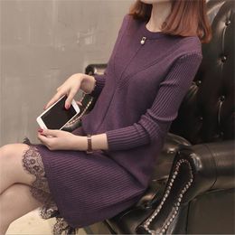 Korean Winter Sweater Dress 4 Colors Casual Stripe Knitted Fish Tail Woman Women 210427