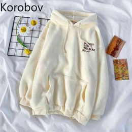 Korobov Wool Sweatshirts Autumn Winter New Loose Letter Embroidery Thickened Warm Hoodies Korean Vintage Hooded Tops 210430