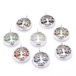 Natural Crystals Flat Bead Tree Of Life Two Sided Pattern Pendant Necklace Stone Crystal Quartz Agate Jewelry Fashion Charm Reiki Heal Alloy Hangings Accessories