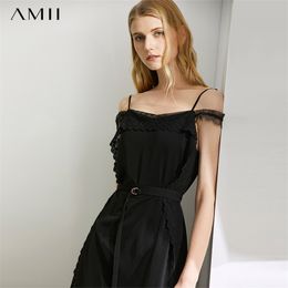 Show Shoulder Suspender Dress Summer French Eyelash Lace with Belt Skirt 11970197 210527