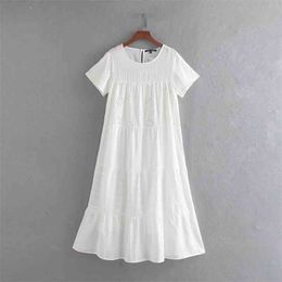 Chic Floral Hollow Out Long Dresses Women Fashion Short Sleeve Cotton Ladies Elegant Ruffles O Neck Female Outfit 210531