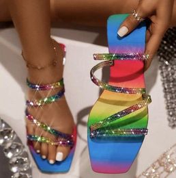 Women Slippers with Diamond Fashionable Rainbow Colors Flat Heel Sandals Latest Style Original Status