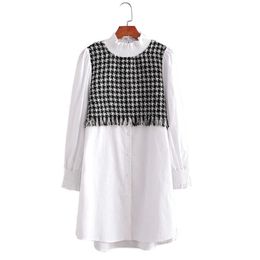 Tangada Fashion Women Tweed Patchwork Shirt Dress Long Sleeve Office Ladies Mini Dress 1D206 210609