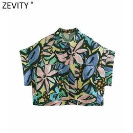 Zevity Women Vintage Graffiti Leaves Print Short Shirt Office Lady Pockets Patch Loose Blouses Chic Summer Retro Tops LS9115 210603