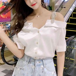 Summer Off Shoulder White Shirts Girl Sexy Single Breasted Women Blouses and Tops V Neck Fashion Female Clothing 14715 210518