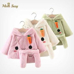 Baby Girls Thick Fleece Jacket Winter Warm Infant Toddle Cartoon Hooded Coat Rabbit Ear With Bag Baby Outwear Clothes 1-4Y H0909