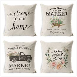 Flower bicycle truck Pillow case spring farm theme 45*45cm Cushion Cover Linen Throw Car Home Decoration Decorative Pillowcase 712 B3