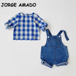 Summer Baby Boys Girl 2-pcs Sets Long Sleeves Blue Plaid Pullover Shirt + Overalls Shorts Kids Outfits E3907 210610