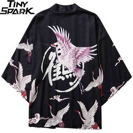 Japanese Kimono Jacket Crane Kanji Printed Harajuku Hip Hop Men Japan Streetwear Summer Thin Clothing Loose 210811