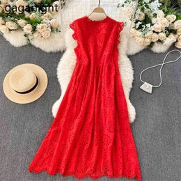Elegant Women A Line Dress Summer Holiday Beach Lady Maxi Dresses Arrivals Fashion Robe Solid Hollow Out Vestidos 210601