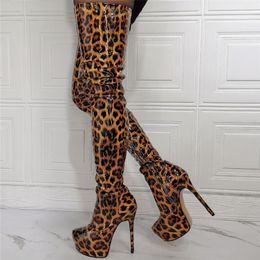 Boots Thigh Sexy Tube Patent Leather Leopard Thin Heel 16cm Super High Heels Platform Night Shoes Fashion Woman Botas