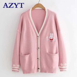 AZYT Cartoon Embroidery Rabbit Knit Sweater Cardigan Korean Chic Loose Female Knitshirt V Neck Cardigan Jacket Women 210805