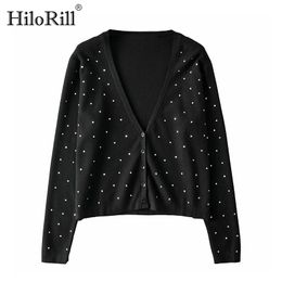 Chic Rivet Black Sweater Women V Neck Fashion Cardigans Sweaters Long Sleeve Knit Jumper Tops Autumn Outerwear 210508