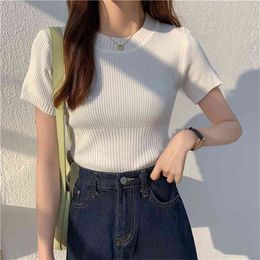 Korean version Spring summer Short sleeve Cashmere sweater women's O-neck knit bottoming shirt female pullover top 210507