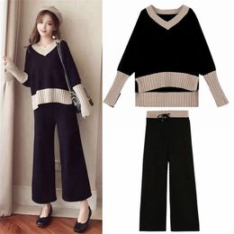 Suit female temperament of autumn outfit web celebrity fashion knitting coat wide-legged pants goddess brim two suits 210520