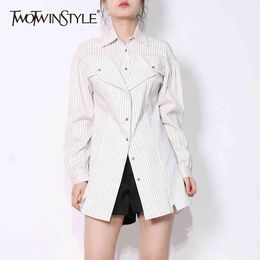 Striped Patchwork Casual Blouse For Women Lapel Long Sleeve Split Korean Shirt Female Fashion Clothing Spring 210524