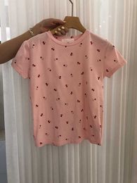 Summer Sweet Cotton Pink O Neck Short Sleeve Cherry Print Tshirts Women Wild Tops & Tees Clothes Fashion Chic Basic Simple 210610