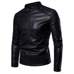 Synthetic Leather Jacket Men Stand Collar PU Jacket Leather Coat