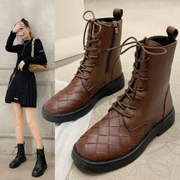 Autumn Winter Shoes Woman Boots Female Solid Black Leather Ankle Boots for Women Lace Up Zip Platform Motorcycle Boots Plus Size